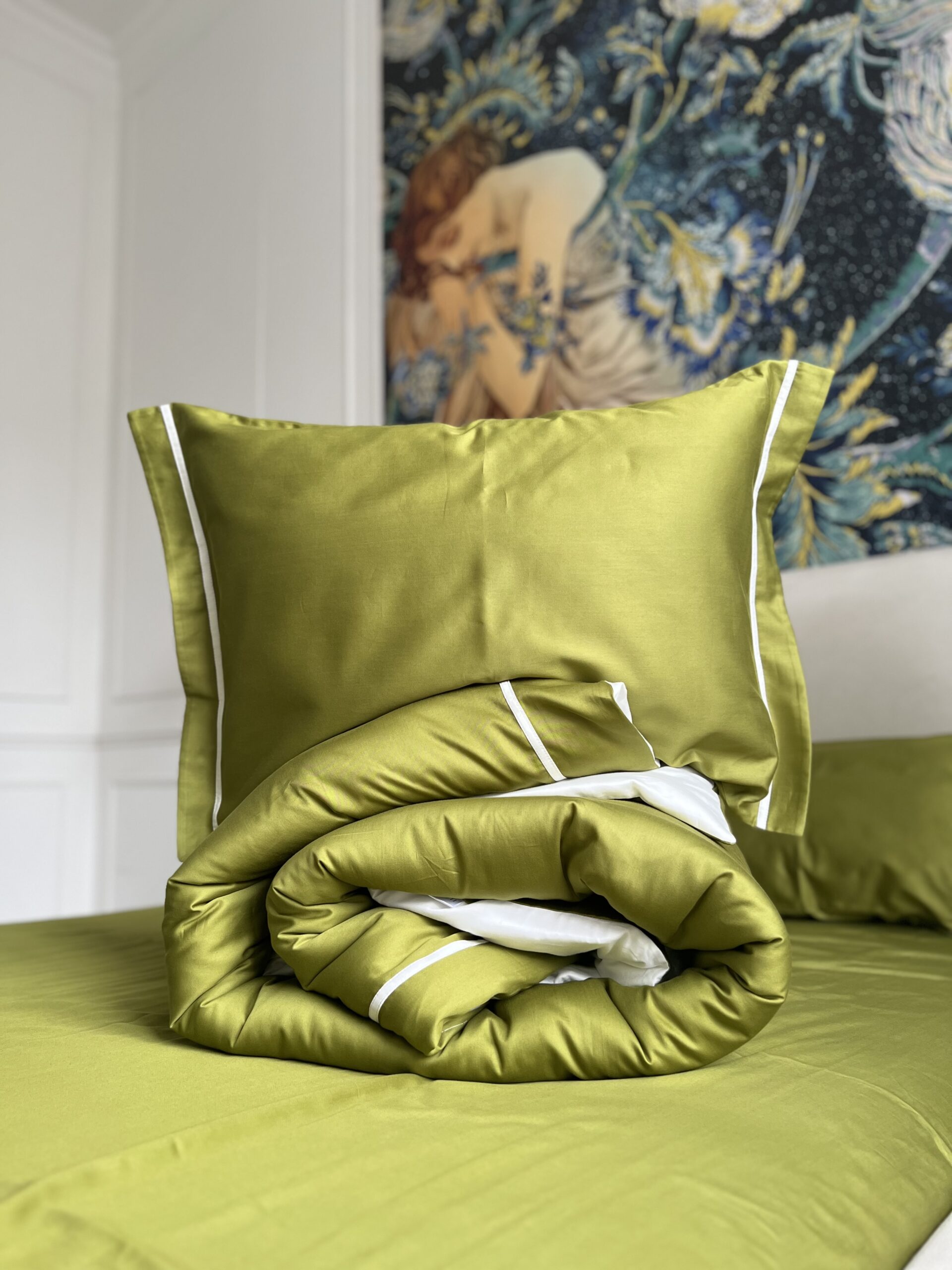 Постіль сатин преміальний із Смужками (Оливковий у поєднанні)