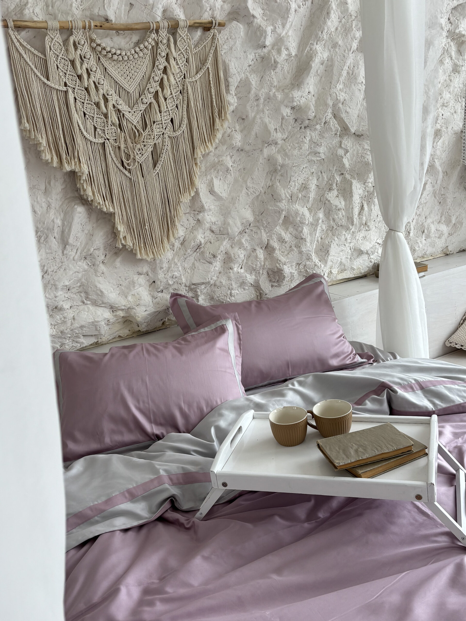 Постіль сатин преміальний (Сіро-ліловий у поєднанні із світло сірим)