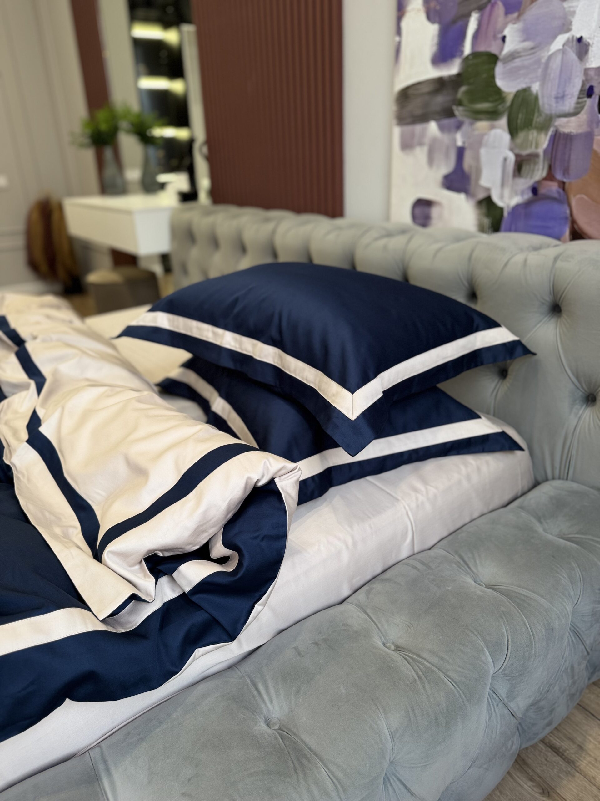 Постіль сатин преміальний із Смужками (Темно-синій у поєднанні із бежевим)