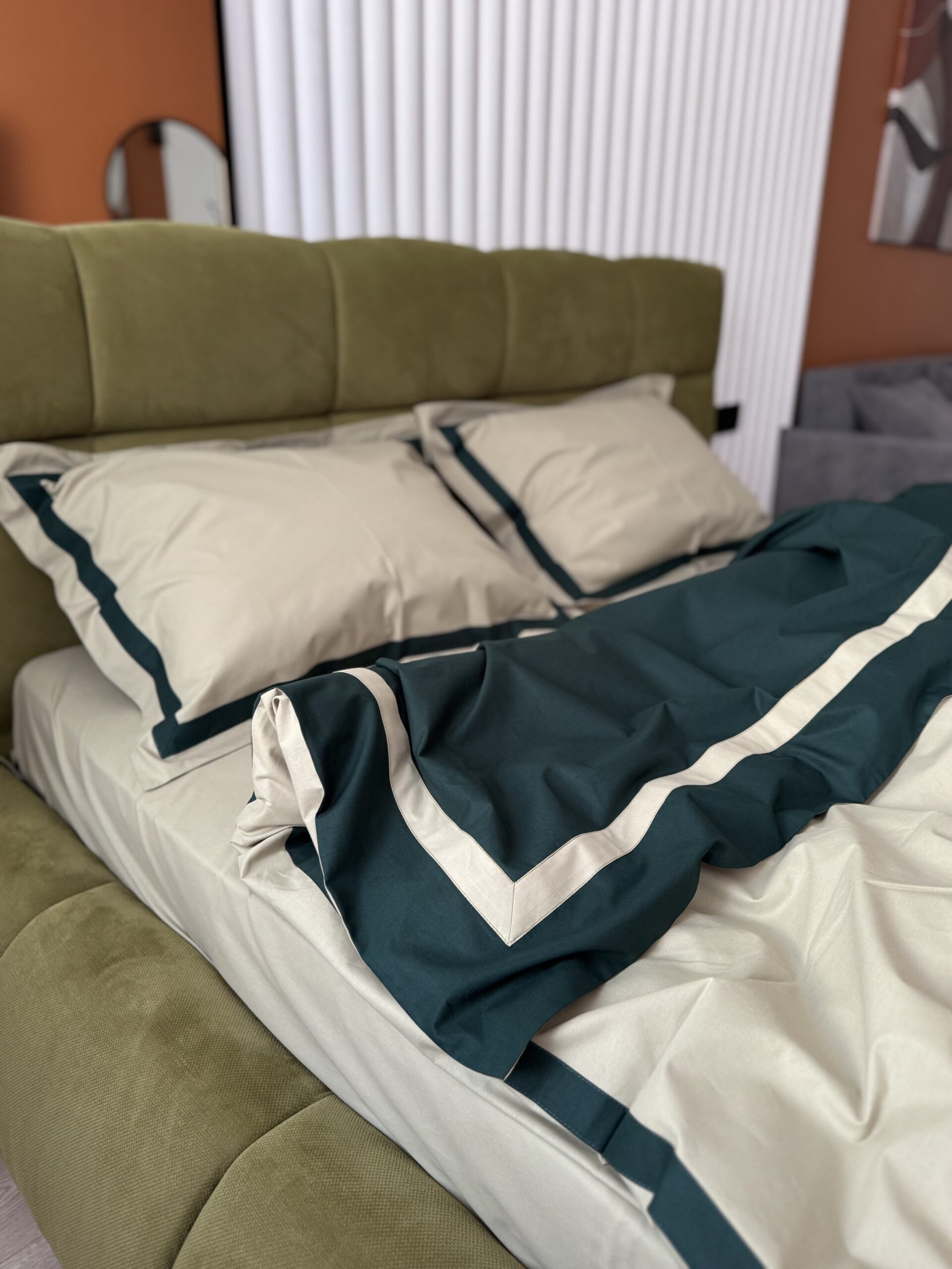 Постіль поплін “Матовий Преміум” (Смарагдовий у поєднанні із бежевим + широкі смужки) - Image 3