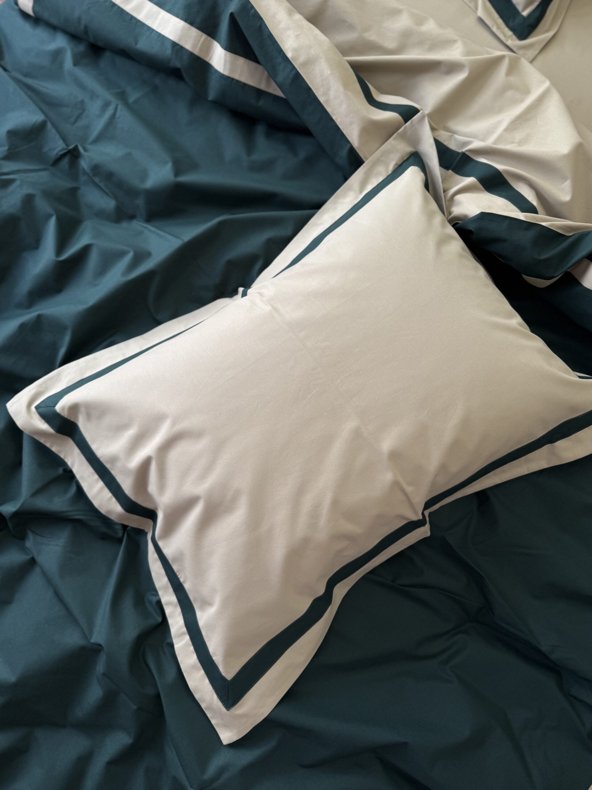 Постіль поплін “Матовий Преміум” (Смарагдовий у поєднанні із бежевим + широкі смужки) - Image 4