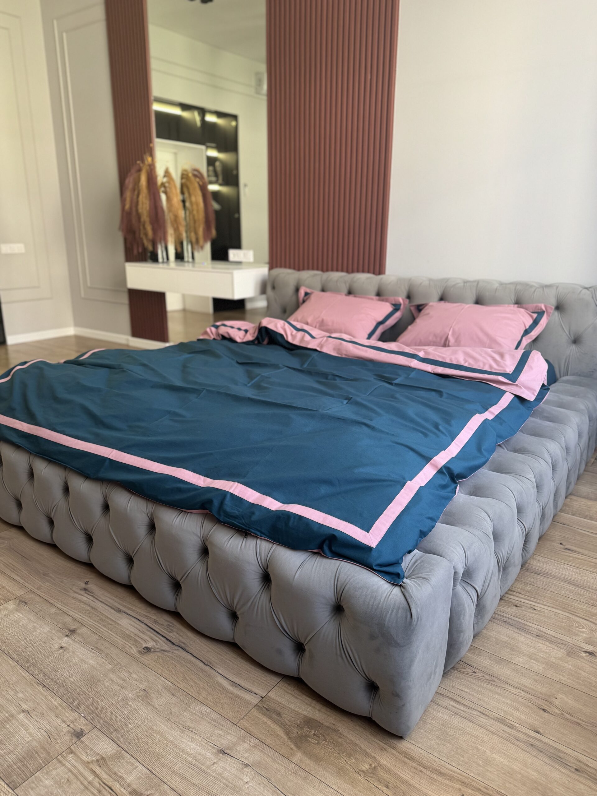 Постіль поплін “Матовий Преміум” (Сапфір у поєднанні із рожевим + широкі смужки) - Image 4