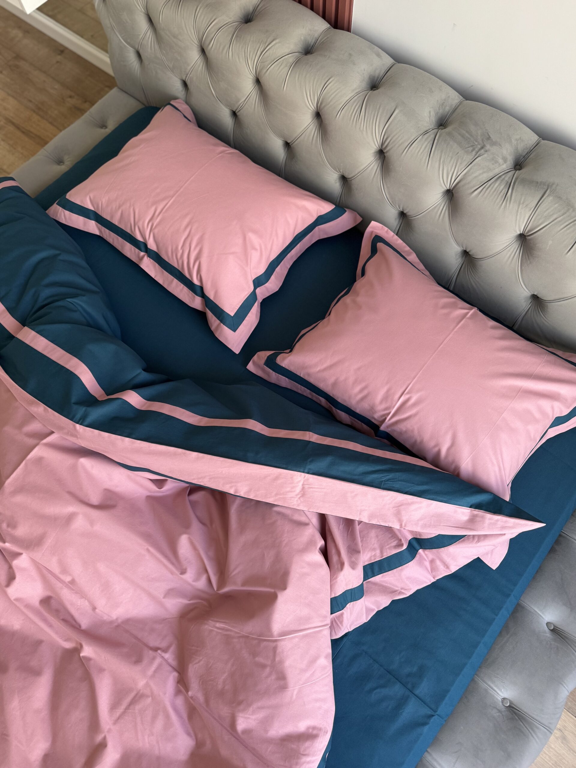 Постіль поплін “Матовий Преміум” (Сапфір у поєднанні із рожевим + широкі смужки) - Image 2