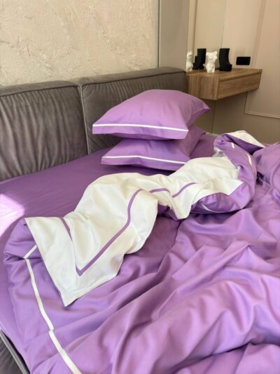 Постіль сатин преміальний із Смужками (Бузковий у поєднанні із білим)